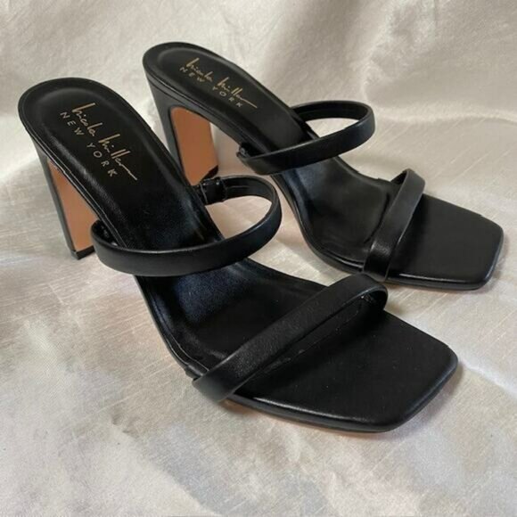 Nicole Miller Womens Size 8 Black Square Open Toe Slip On Strappy Heels Sandals - Picture 1 of 10